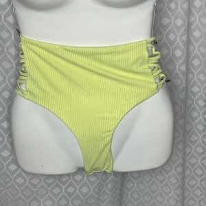 YMI High Waist Ribbed Swimsuit Bottoms Strappy Cutout Sides Yellow‎ L NWT
